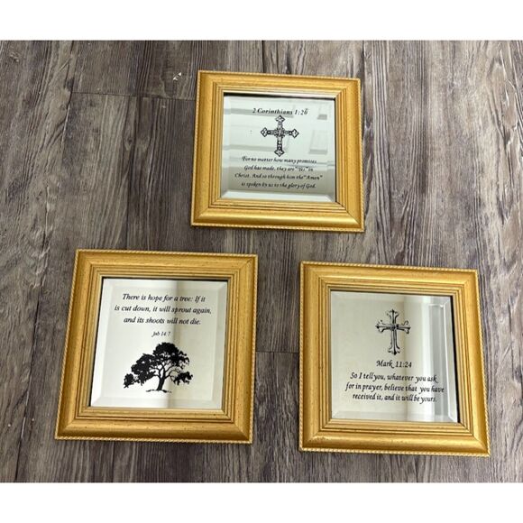 Set 3 Gold Framed Mirrored Bible Verse Wall Art Christian Religious Home Decor - Picture 2 of 5